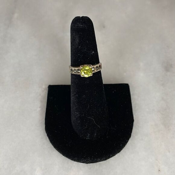 Sterling Silver Marcasite and Peridot-Colored Stone Ring - Picture 1 of 10
